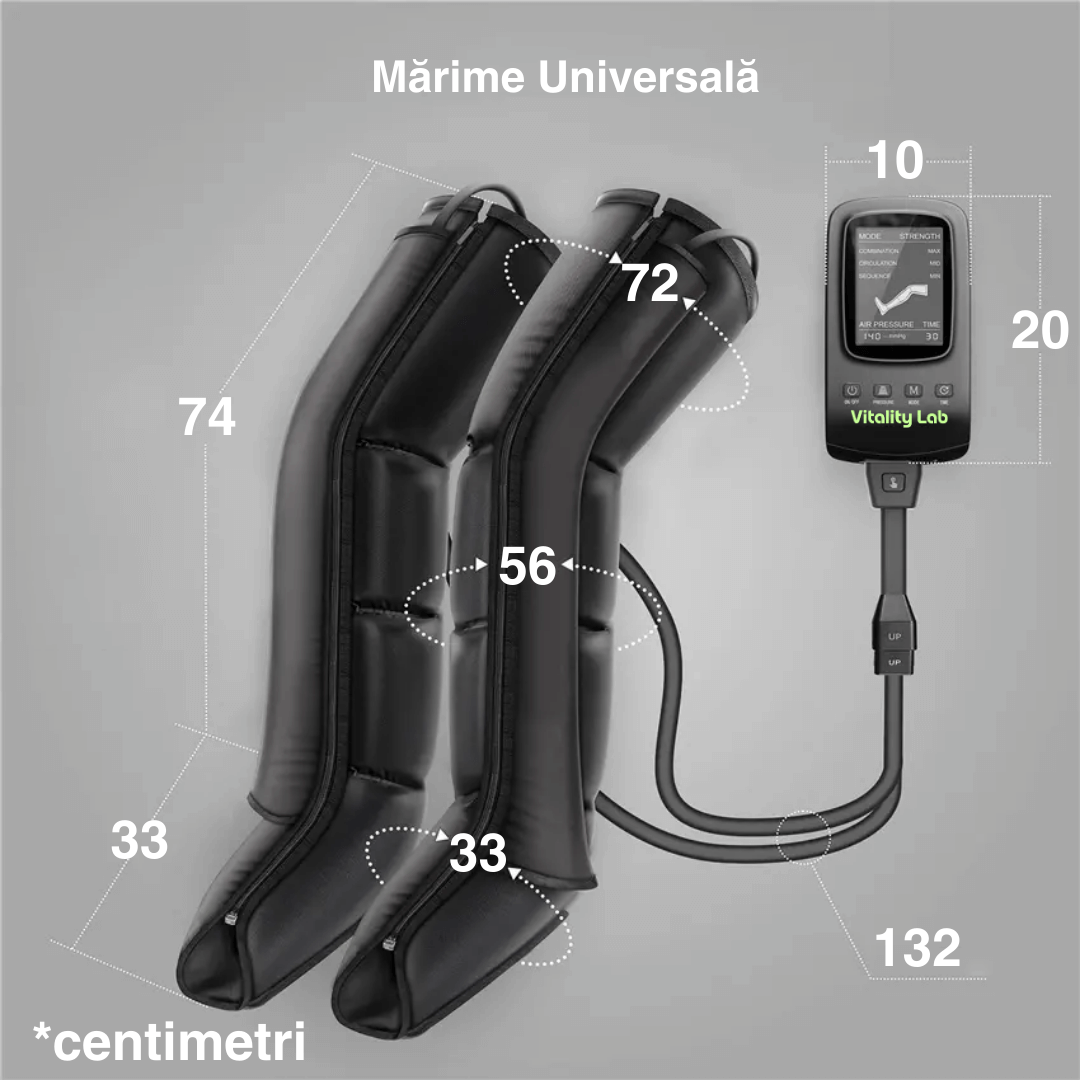 Aparat masaj picioare Ultimate Massager Vitality Lab, masaj terapeutic, drenaj limfatic, 8 camere compresie cu aer, 8 niveluri intensitate masaj picioare, gambe și coapse, masaj refacere musculara, masaj relaxare circulator, dureri și inflamație picioare