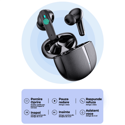 Casti wireless TehnoLab™ Pro, izolare fonica activa ANC, anularea zgomotului ENC dublu, calitate sunet HiFi lossless, heavy bass, rezistente la apa IPX7, fara fir, microfon incorporat, sport, gaming, Bluetooth 5.3, 25 ore autonomie