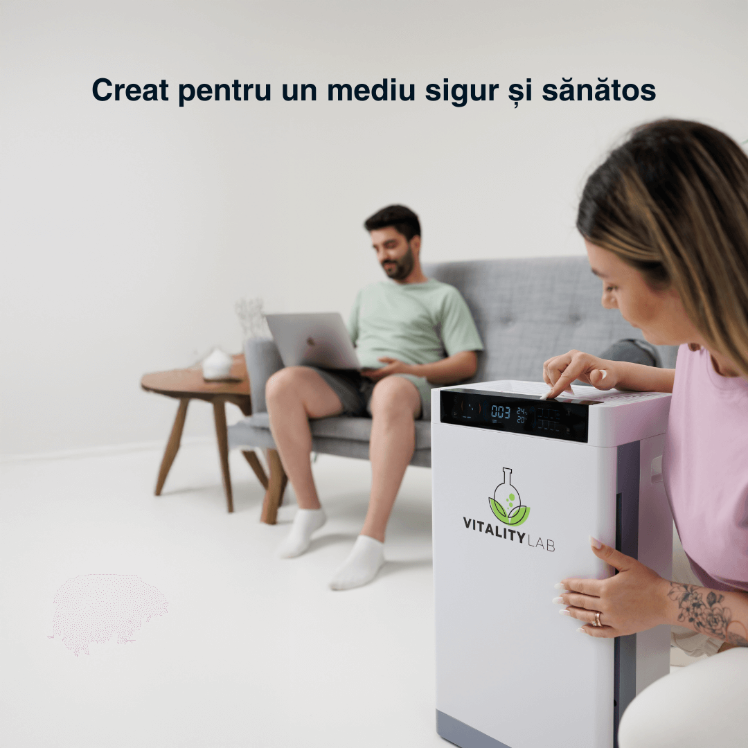 Purificator aer Vitality Lab™ Pure Flow – 80 m², CADR 600, HEPA + carbon, UV-C + ozon, senzor PM2.5, ionizare, WiFi smart, higrometru, termometru