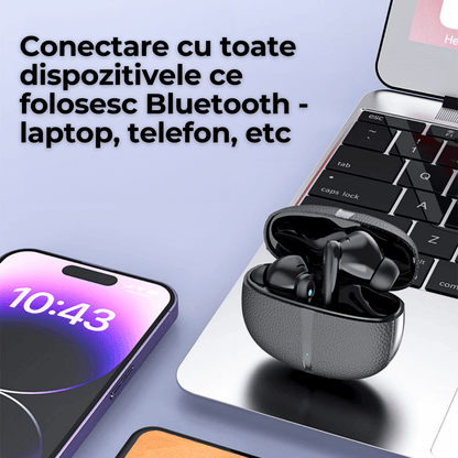 Casti wireless TehnoLab™ Pro, izolare fonica activa ANC, anularea zgomotului ENC dublu, calitate sunet HiFi lossless, heavy bass, rezistente la apa IPX7, fara fir, microfon incorporat, sport, gaming, Bluetooth 5.3, 25 ore autonomie