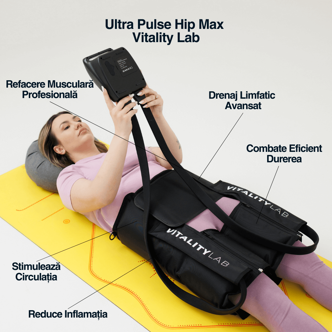 Aparat masaj șolduri wireless Ultra Pulse Hip Max Vitality Lab, 1 manșon cu 4 camere, 12 niveluri, coapse, fesieri și șolduri