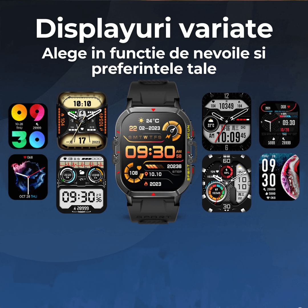 Ceas smartwatch TehnoLab™ Monolit – full touchscreen, 120+ sporturi, somn, stres, puls, tensiune, oxigen, apeluri Bluetooth, IP68, 20 zile