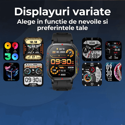 Ceas smartwatch TehnoLab™ Monolit, ceas inteligent fitness, monitorizare 120+ sporturi, monitorizare somn, nivel stres, termometru, pedometru, pulsometru, tensiometru, oximetru, apeluri Bluetooth, rezistent IP68, full touchscreen, autonomie 20 zile