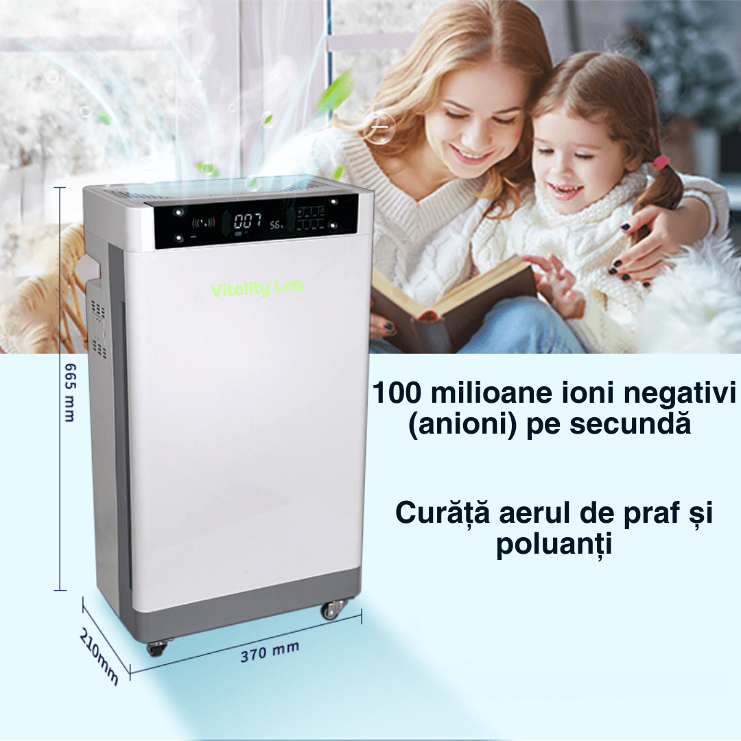 Purificator aer Vitality Lab™ Pure Flow – 80 m², CADR 600, HEPA + carbon, UV-C + ozon, senzor PM2.5, ionizare, WiFi smart, higrometru, termometru