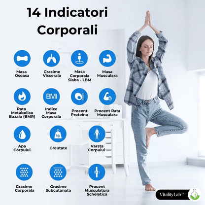 Cantar corporal inteligent Vitality Lab™ Smart, 14 indici corporali, 4 senzori analiza, calculator indice masa corporala, raport evolutie utilizator, numar de utilizatori nelimitat, integrare IOS/Android