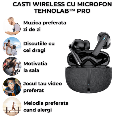 Casti wireless TehnoLab™ Pro, izolare fonica activa ANC, anularea zgomotului ENC dublu, calitate sunet HiFi lossless, heavy bass, rezistente la apa IPX7, fara fir, microfon incorporat, sport, gaming, Bluetooth 5.3, 25 ore autonomie