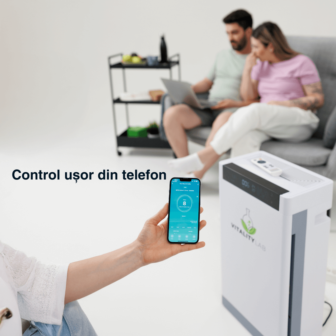 Purificator aer Vitality Lab™ Pure Flow – 80 m², CADR 600, HEPA + carbon, UV-C + ozon, senzor PM2.5, ionizare, WiFi smart, higrometru, termometru