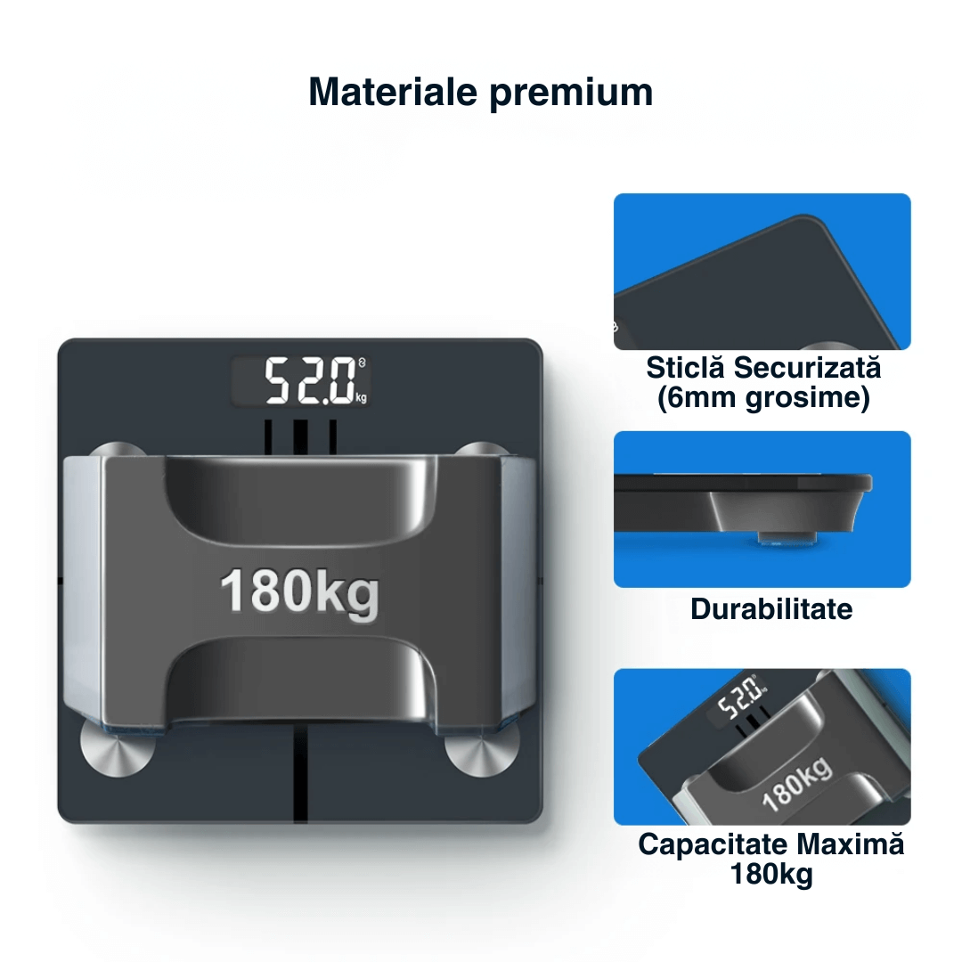Cântar corporal inteligent Vitality Lab Smart, 14 indici corporali, 4 senzori analiză, calculator indice masă corporală, raport evoluție utilizator, număr de utilizatori nelimitat, integrare iOS/Android