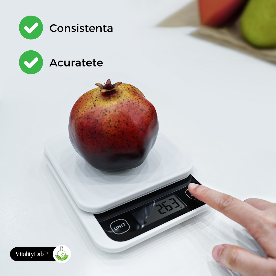 Cantar de bucatarie inteligent Vitality Lab™ Diet Pal, 24 indici nutritionali mancare, calculator calorii, proteine, grasimi, carbohidrati, colesterol, calcul calorii zilnic, aplicatie IOS/Android, integrare Apple Health & Fitbit, alimentatie sanatoasa