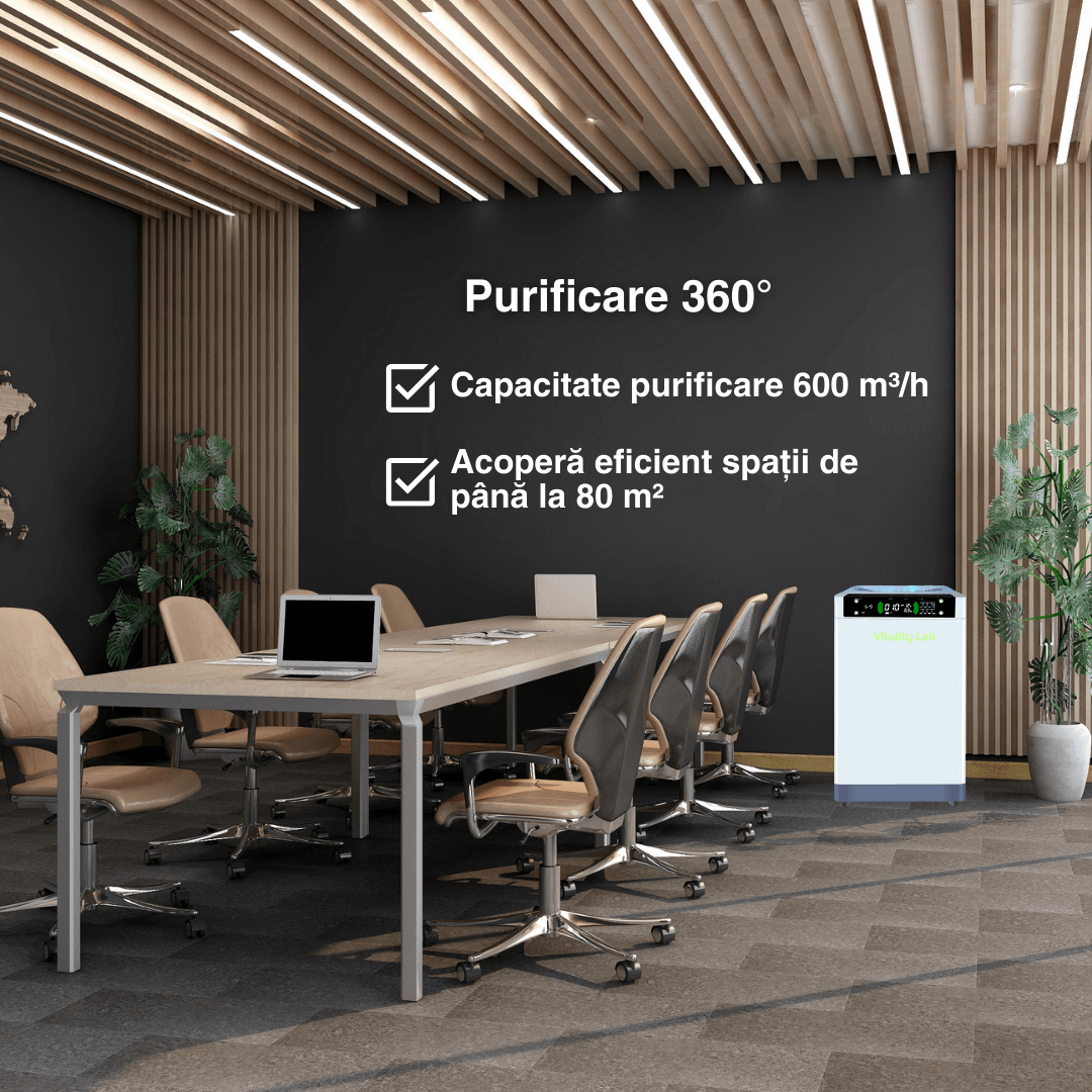 Purificator aer Vitality Lab™ Pure Flow – 80 m², CADR 600, HEPA + carbon, UV-C + ozon, senzor PM2.5, ionizare, WiFi smart, higrometru, termometru
