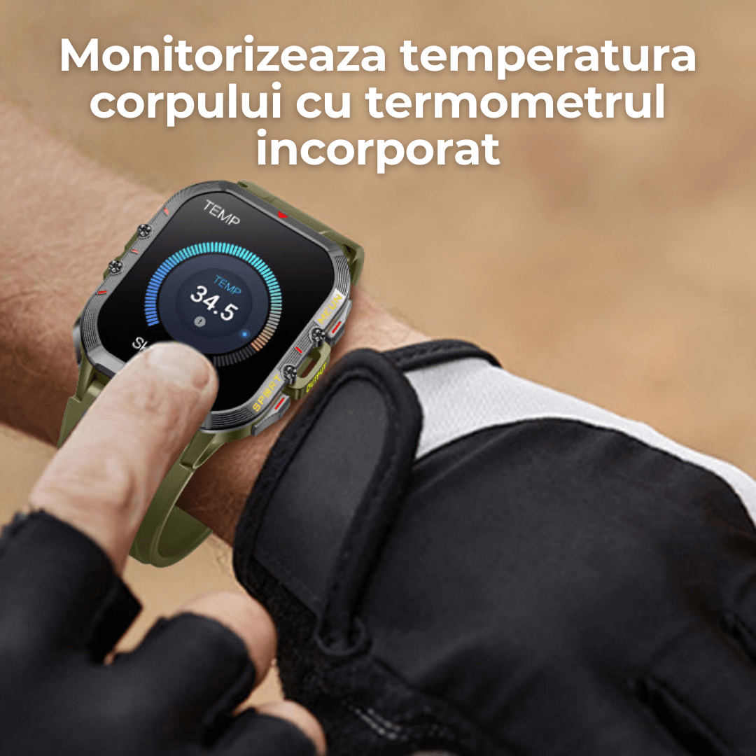 Ceas smartwatch TehnoLab™ Monolit, ceas inteligent fitness, monitorizare 120+ sporturi, monitorizare somn, nivel stres, termometru, pedometru, pulsometru, tensiometru, oximetru, apeluri Bluetooth, rezistent IP68, full touchscreen, autonomie 20 zile