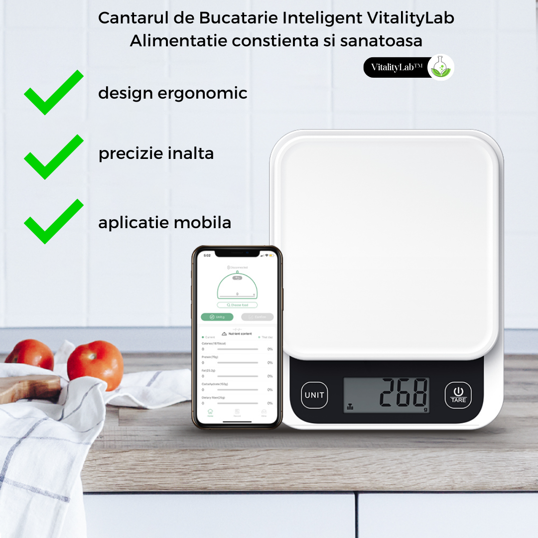 Cantar de bucatarie inteligent Vitality Lab™ Diet Pal, 24 indici nutritionali mancare, calculator calorii, proteine, grasimi, carbohidrati, colesterol, calcul calorii zilnic, aplicatie IOS/Android, integrare Apple Health & Fitbit, alimentatie sanatoasa