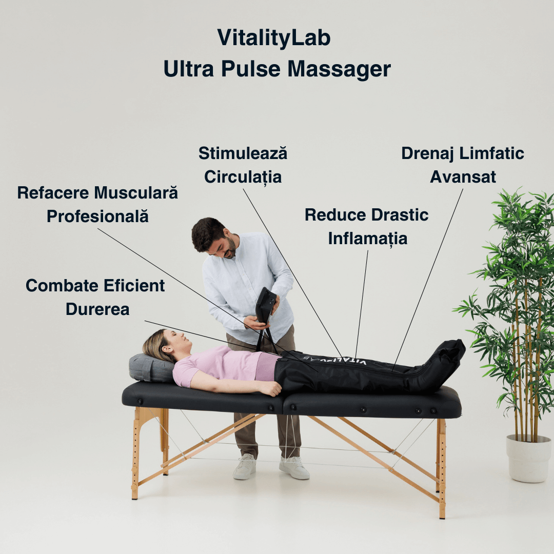 Aparat masaj picioare wireless Ultra Pulse Leg Max Vitality Lab, masaj presiune mare, masaj terapeutic, drenaj limfatic, 8 camere compresie aer, 12 niveluri intensitate masaj picioare, gambe și coapse, refacere musculară, relaxare circulator picioare