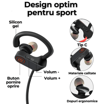 Casti wireless TehnoLab™ Sport, izolare fonica activa ANC, calitate sunet HiFi, rezistente la apa IPX5, HQ bass, fara fir, cu microfon, sport, Bluetooth 5.3, 20 ore autonomie