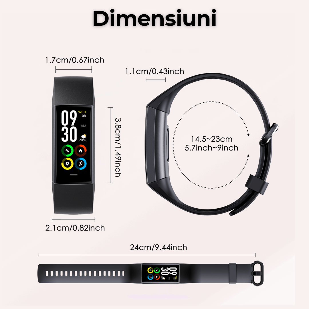 Bratara fitness TehnoLab™ HiFit, monitorizare 25 sporturi, monitorizare somn, pedometru, pulsometru, tensiometru, oximetru, termometru, rezistenta la apa IP67, display AMOLED always-on, 100+ displayuri, autonomie 14 zile