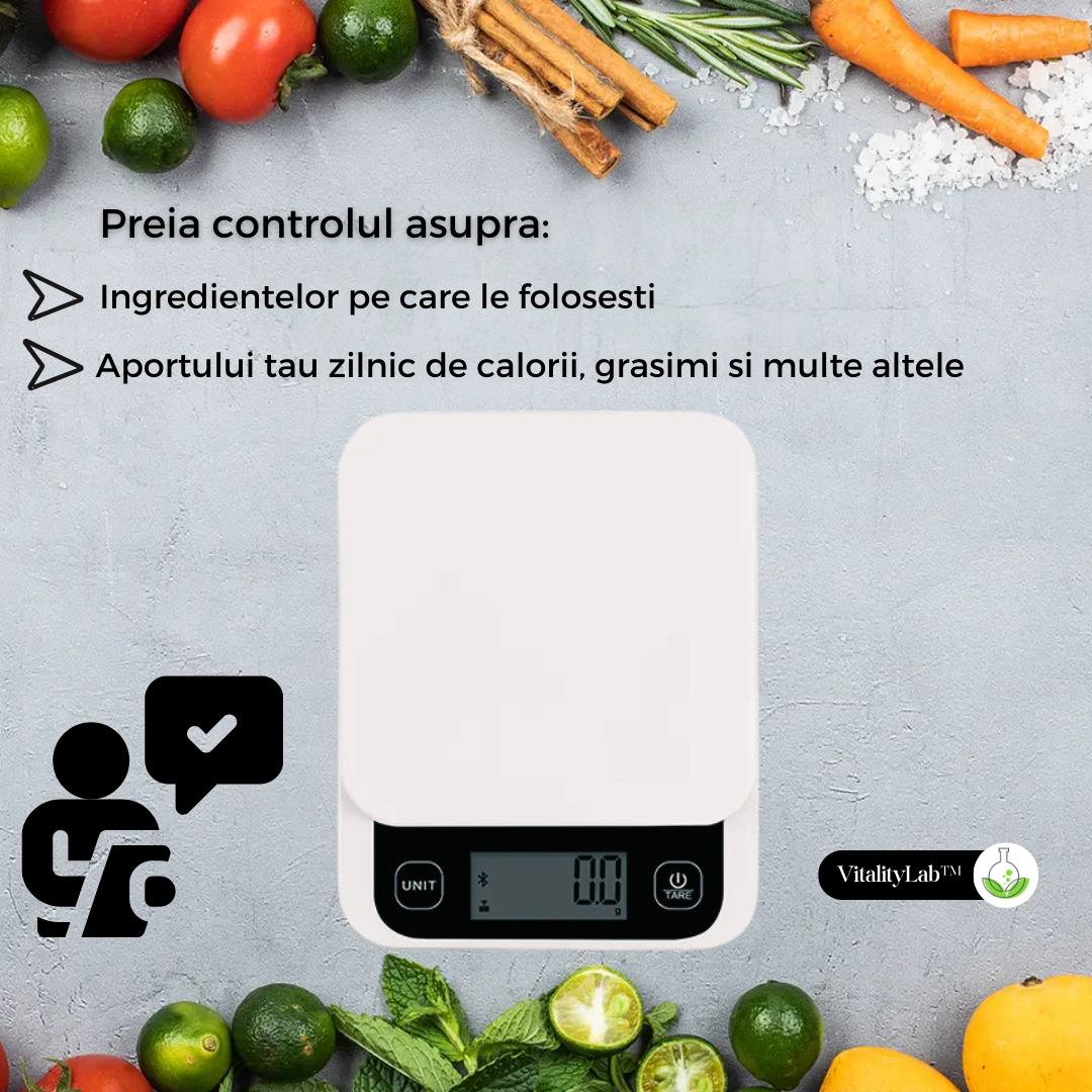 Cantar de bucatarie inteligent Vitality Lab™ Diet Pal, 24 indici nutritionali mancare, calculator calorii, proteine, grasimi, carbohidrati, colesterol, calcul calorii zilnic, aplicatie IOS/Android, integrare Apple Health & Fitbit, alimentatie sanatoasa