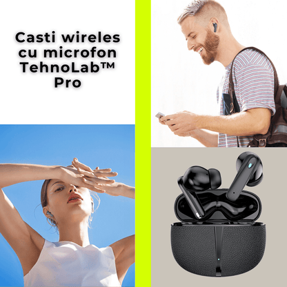 Casti wireless TehnoLab™ Pro, izolare fonica activa ANC, anularea zgomotului ENC dublu, calitate sunet HiFi lossless, heavy bass, rezistente la apa IPX7, fara fir, microfon incorporat, sport, gaming, Bluetooth 5.3, 25 ore autonomie