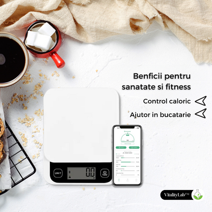 Cantar de bucatarie inteligent Vitality Lab™ Diet Pal, 24 indici nutritionali mancare, calculator calorii, proteine, grasimi, carbohidrati, colesterol, calcul calorii zilnic, aplicatie IOS/Android, integrare Apple Health & Fitbit, alimentatie sanatoasa