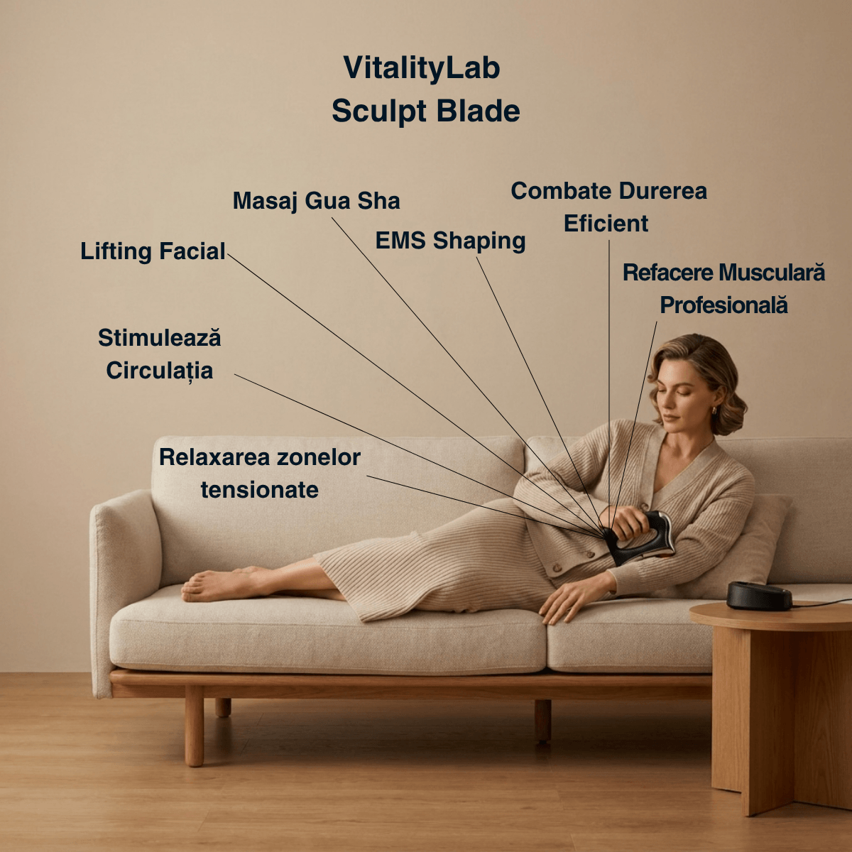 Aparat de masaj Gua Sha Sculpt Blade Vitality Lab, masaj gua sha electric, microcurenti EMS, incalzire 40/45/50°C, vibratii frecventa inalta, 3 niveluri intensitate, RF mode, EMS shaping, lifting facial, pentru corp, gat, umeri, spate, brate si picioare