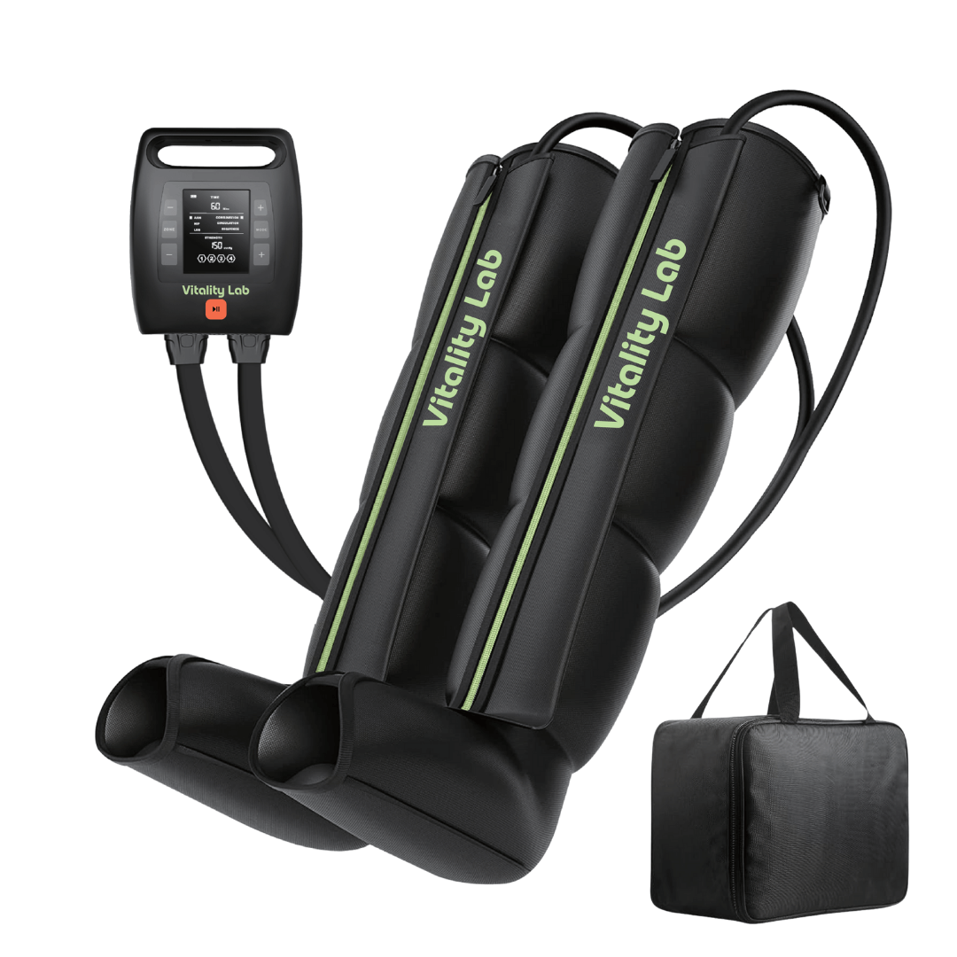 Aparat masaj picioare wireless Ultra Pulse Leg Max Vitality Lab, masaj presiune mare, masaj terapeutic, drenaj limfatic, 8 camere compresie aer, 12 niveluri intensitate masaj picioare, gambe și coapse, refacere musculară, relaxare circulator picioare