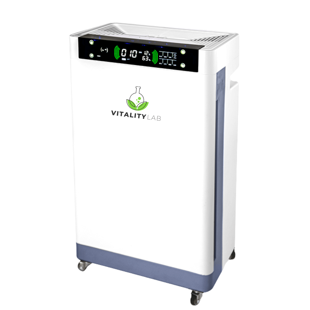 Purificator aer Vitality Lab™ Pure Flow – 80 m², CADR 600, HEPA + carbon, UV-C + ozon, senzor PM2.5, ionizare, WiFi smart, higrometru, termometru