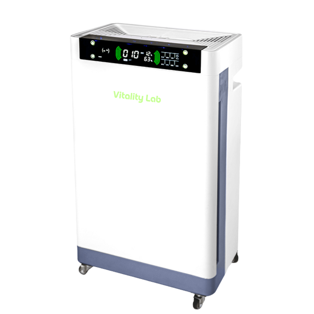 Purificator aer Vitality Lab™ Pure Flow – 80 m², CADR 600, HEPA + carbon, UV-C + ozon, senzor PM2.5, ionizare, WiFi smart, higrometru, termometru