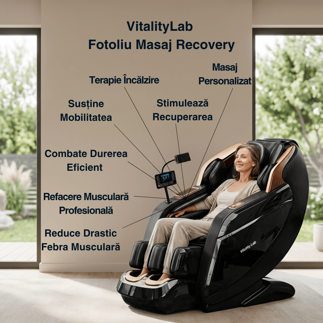 Fotoliu masaj Recovery Vitality Lab, scaun masaj 3D, sina SL 167 cm, 20 programe automate, 6 tehnici manuale, 22 camere de aer, role din jad, masaj terapeutic, reflexoterapie, incalzire, drenaj limfatic, ioni negativi, Zero Gravity, Bluetooth, max. 140 kg