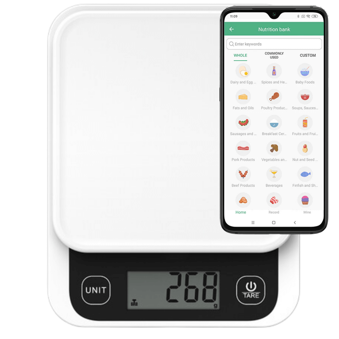 Cântar de bucătărie inteligent Vitality Lab Diet Pal, 24 indici nutriționali mâncare, calculator calorii, proteine, grăsimi, carbohidrați, colesterol, calcul calorii zilnic, aplicație iOS/Android, integrare Apple Health & Fitbit, alimentație sănătoasă