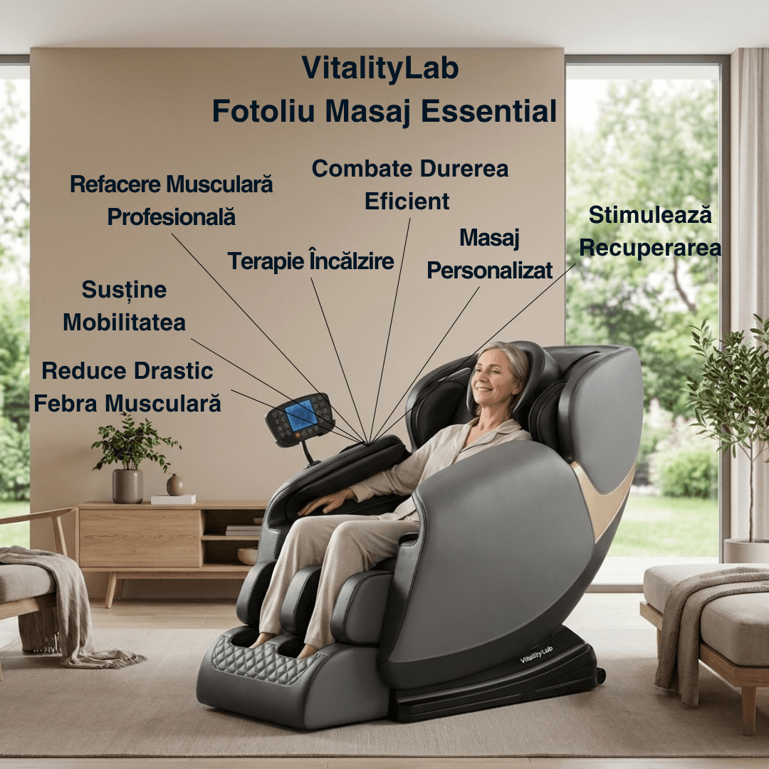 Fotoliu masaj Essential Vitality Lab, scaun masaj 2D, 20 programe automate, 2 tehnici masaj, 48 role, masaj terapeutic, reflexoterapie, incalzire, drenaj limfatic, Zero Gravity, Bluetooth