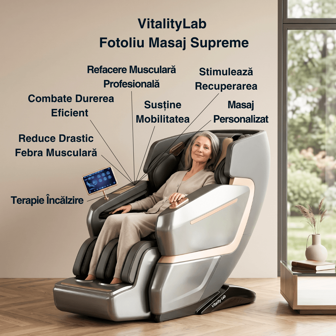 Fotoliu masaj Supreme Vitality Lab, scaun masaj 3D+, sina SL 135 cm, 20 programe automate, 20 tehnici manuale, 3 pozitii Zero Gravity, masaj terapeutic, reflexoterapie, incalzire, drenaj limfatic, ioni negativi, Health Monitor, Bluetooth