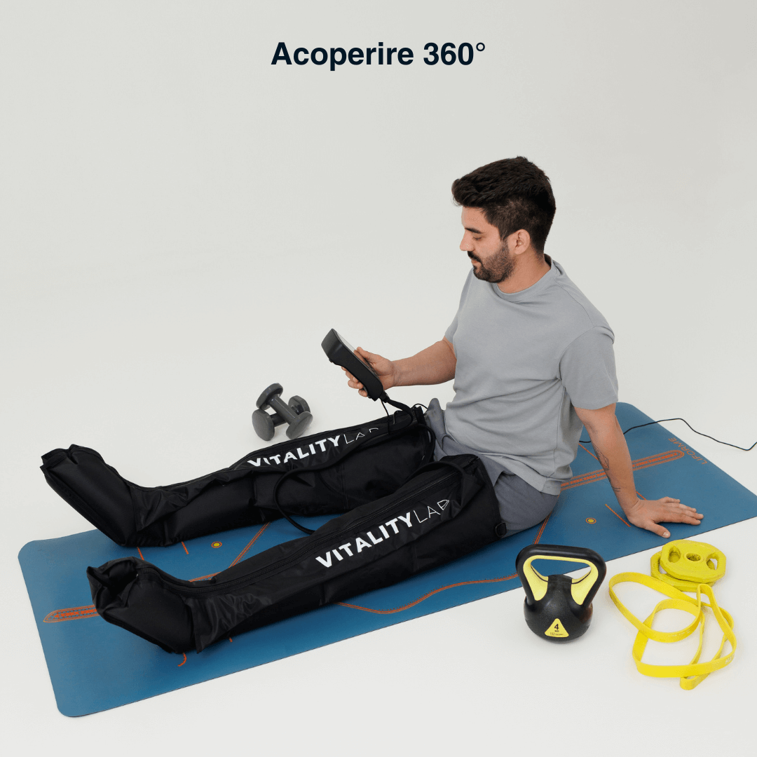 Aparat masaj picioare Ultimate Massager Vitality Lab, masaj terapeutic, drenaj limfatic, 8 camere compresie cu aer, 8 niveluri intensitate masaj picioare, gambe și coapse, masaj refacere musculara, masaj relaxare circulator, dureri și inflamație picioare