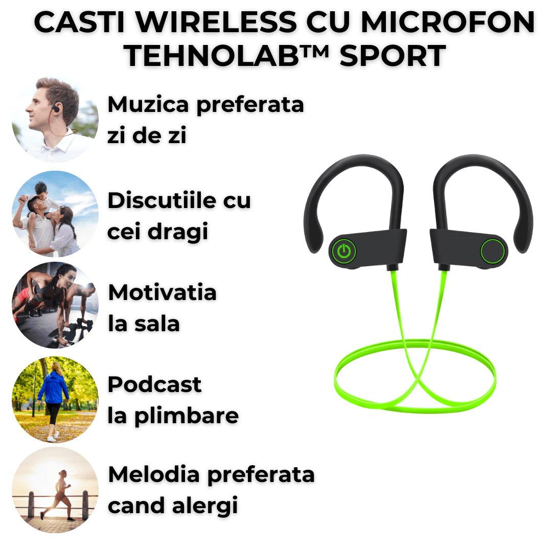 Casti wireless TehnoLab™ Sport, izolare fonica activa ANC, calitate sunet HiFi, rezistente la apa IPX5, HQ bass, fara fir, cu microfon, sport, Bluetooth 5.3, 20 ore autonomie