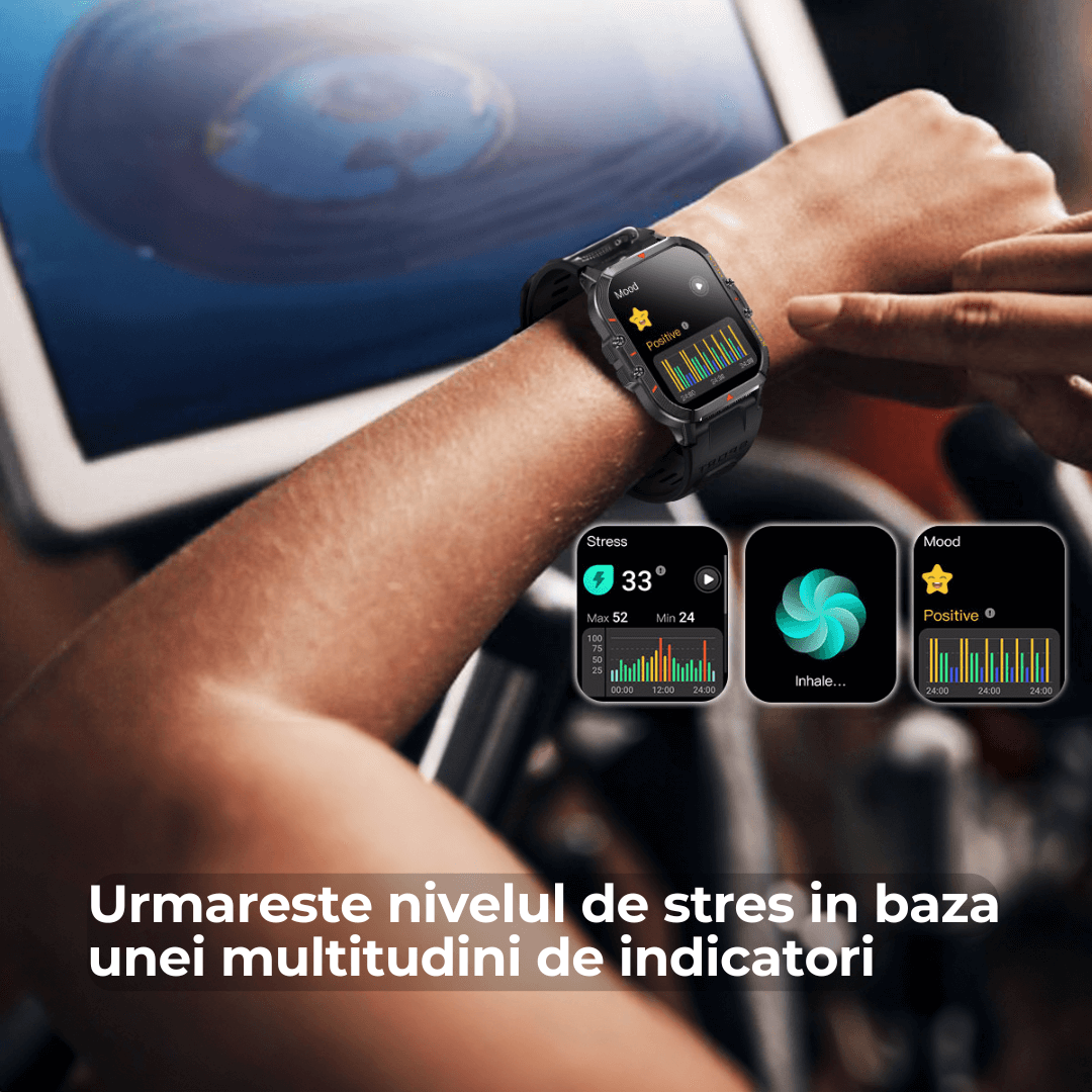 Ceas smartwatch TehnoLab™ Monolit, ceas inteligent fitness, monitorizare 120+ sporturi, monitorizare somn, nivel stres, termometru, pedometru, pulsometru, tensiometru, oximetru, apeluri Bluetooth, rezistent IP68, full touchscreen, autonomie 20 zile