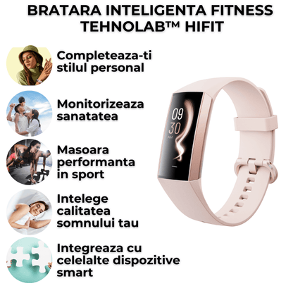 Bratara fitness TehnoLab™ HiFit, monitorizare 25 sporturi, monitorizare somn, pedometru, pulsometru, tensiometru, oximetru, termometru, rezistenta la apa IP67, display AMOLED always-on, 100+ displayuri, autonomie 14 zile