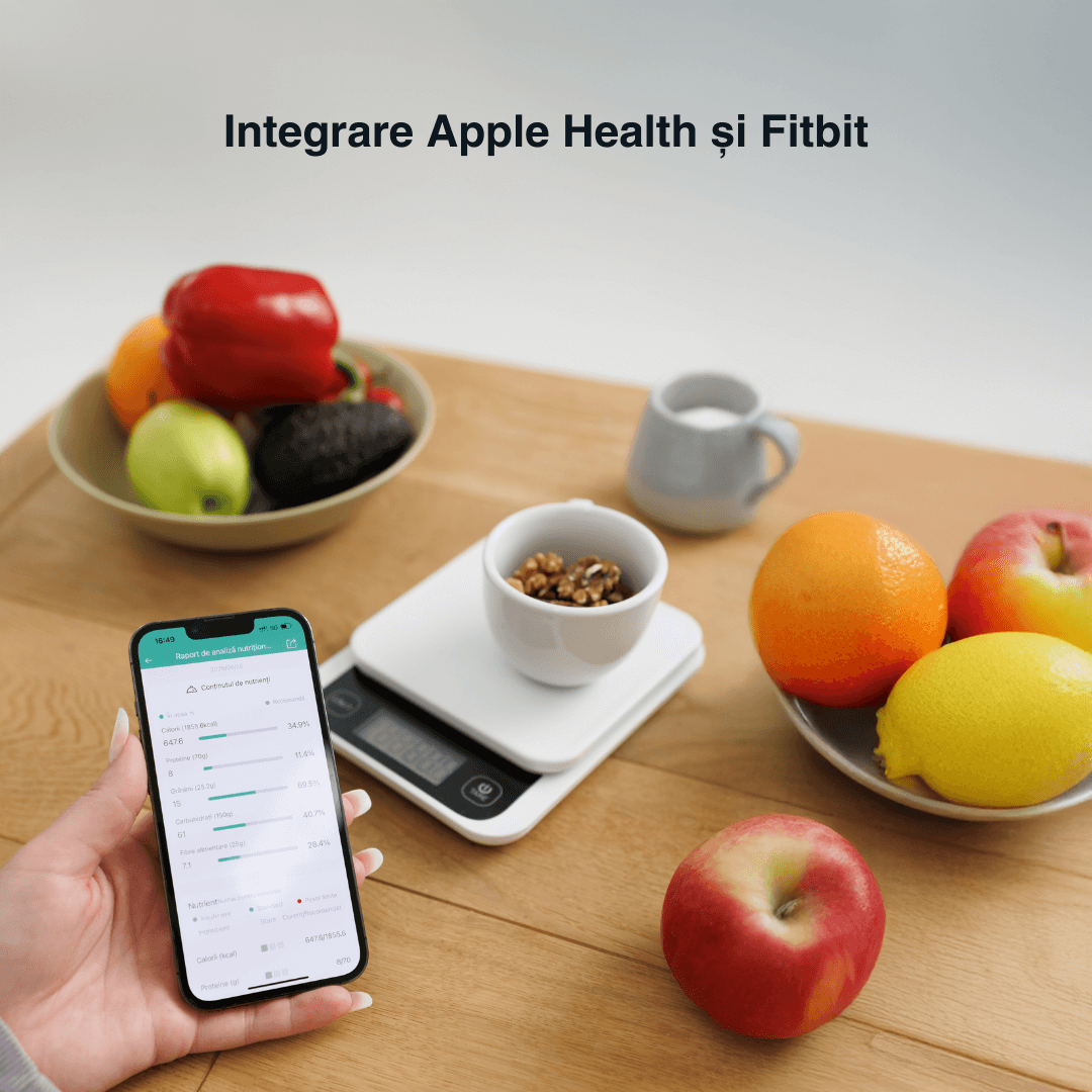 Cântar de bucătărie inteligent Vitality Lab Diet Pal, 24 indici nutriționali mâncare, calculator calorii, proteine, grăsimi, carbohidrați, colesterol, calcul calorii zilnic, aplicație iOS/Android, integrare Apple Health & Fitbit, alimentație sănătoasă
