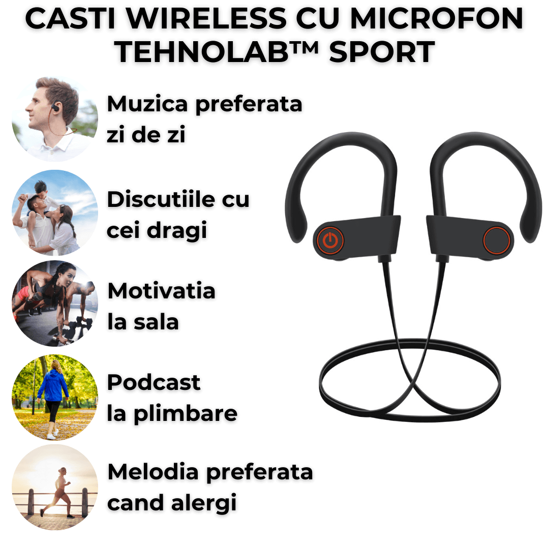 Casti wireless TehnoLab™ Sport, izolare fonica activa ANC, calitate sunet HiFi, rezistente la apa IPX5, HQ bass, fara fir, cu microfon, sport, Bluetooth 5.3, 20 ore autonomie