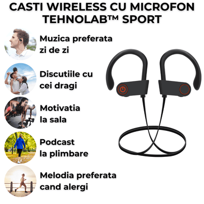 Casti wireless TehnoLab™ Sport, izolare fonica activa ANC, calitate sunet HiFi, rezistente la apa IPX5, HQ bass, fara fir, cu microfon, sport, Bluetooth 5.3, 20 ore autonomie