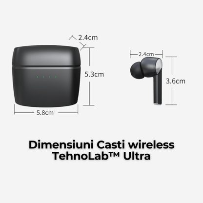 Casti wireless TehnoLab™ Ultra, izolare fonica activa ANC, anularea zgomotului ENC dublu, calitate sunet HiFi lossless, heavy bass, rezistente la apa IPX7, fara fir, microfon incorporat, sport, gaming, Bluetooth 5.3, 80 ore autonomie