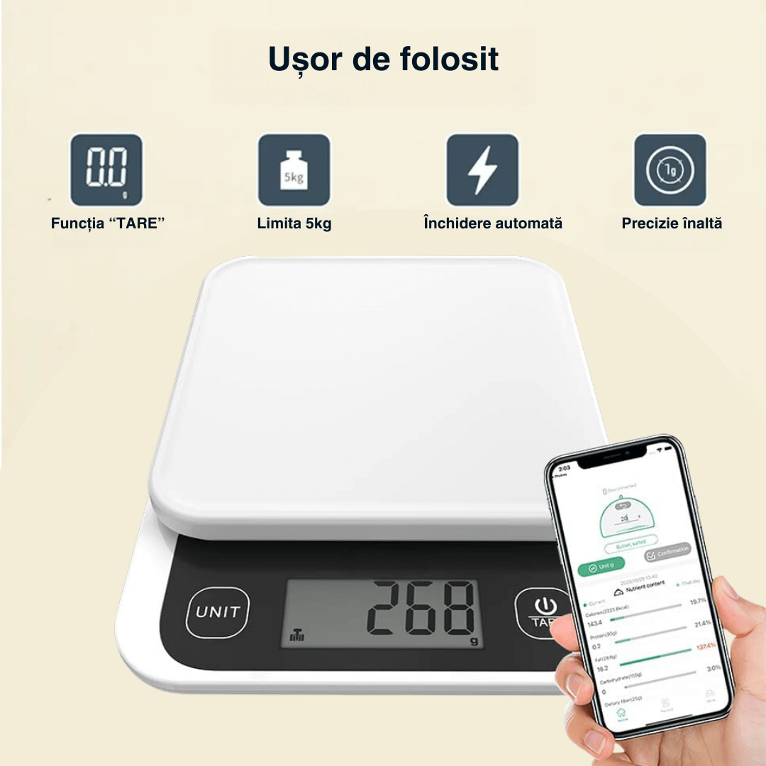 Cântar de bucătărie inteligent Vitality Lab Diet Pal, 24 indici nutriționali mâncare, calculator calorii, proteine, grăsimi, carbohidrați, colesterol, calcul calorii zilnic, aplicație iOS/Android, integrare Apple Health & Fitbit, alimentație sănătoasă