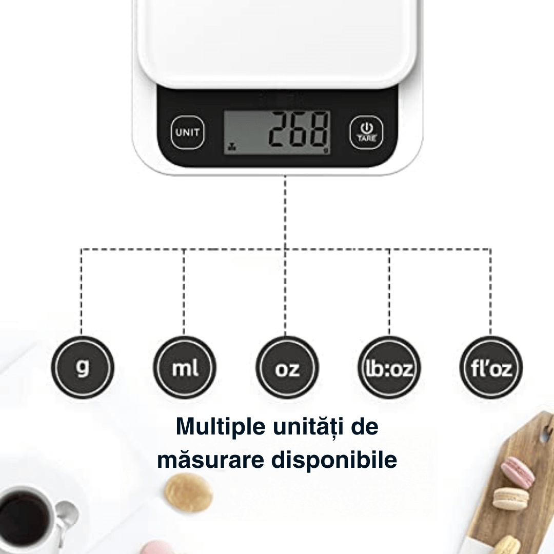 Cântar de bucătărie inteligent Vitality Lab Diet Pal, 24 indici nutriționali mâncare, calculator calorii, proteine, grăsimi, carbohidrați, colesterol, calcul calorii zilnic, aplicație iOS/Android, integrare Apple Health & Fitbit, alimentație sănătoasă