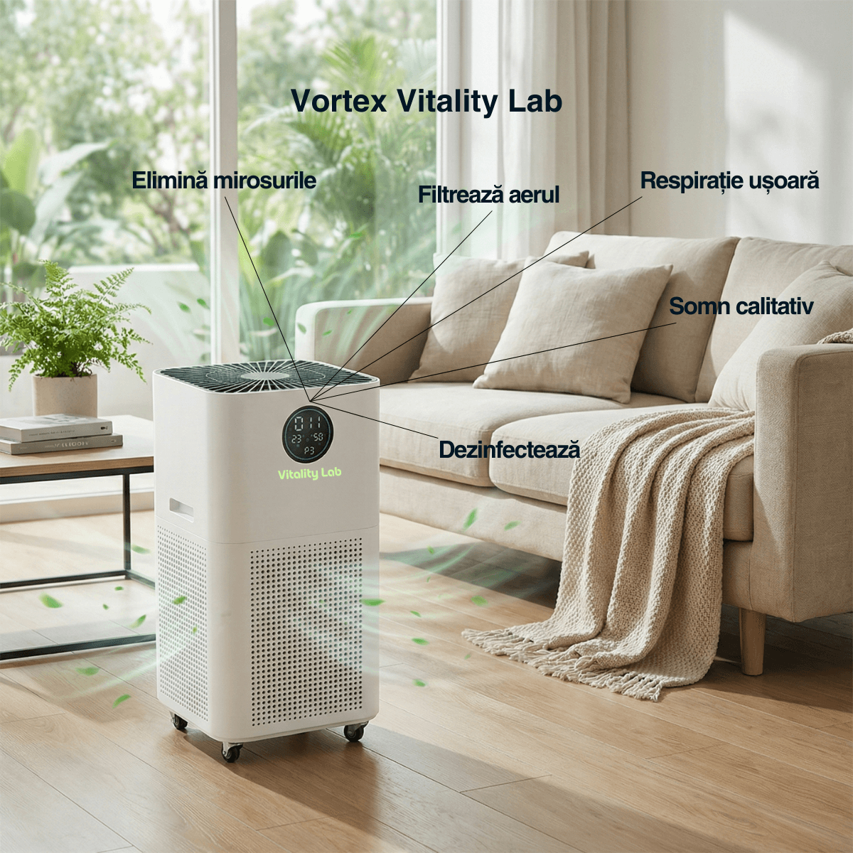 Purificator aer Vitality Lab Vortex, 120 m², CADR 800 m³ h, senzor PM2.5, sterilizare duală UV-C + O3, filtrare HEPA și TVOC carbon activ, ionizare 100 milioane ioni/secundă, senzor umiditate și temperatură, control inteligent smart WiFi iOS/Android