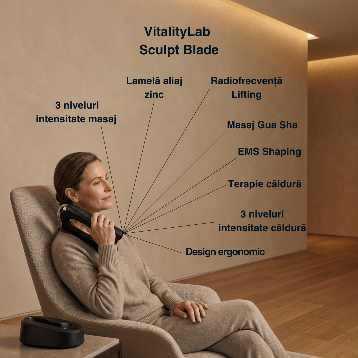 Aparat de masaj Gua Sha Sculpt Blade Vitality Lab, masaj gua sha electric, microcurenti EMS, incalzire 40/45/50°C, vibratii frecventa inalta, 3 niveluri intensitate, RF mode, EMS shaping, lifting facial, pentru corp, gat, umeri, spate, brate si picioare