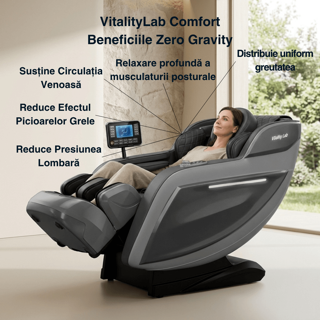 Fotoliu masaj Comfort Vitality Lab, scaun masaj 3D, sina SL long 150 cm, 20 programe automate, 6 tehnici manuale, masaj terapeutic, reflexoterapie, incalzire, drenaj limfatic, Zero Gravity, Health Monitor, Bluetooth
