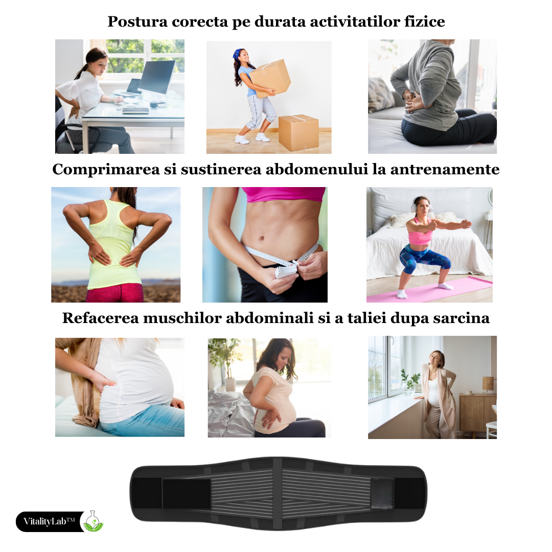 Centura de slabit Vitality Lab™, tip corset, refacere postnatala, suport lombar, compresie dubla, talie si abdomen, neopren, modelare, corector postura, negru