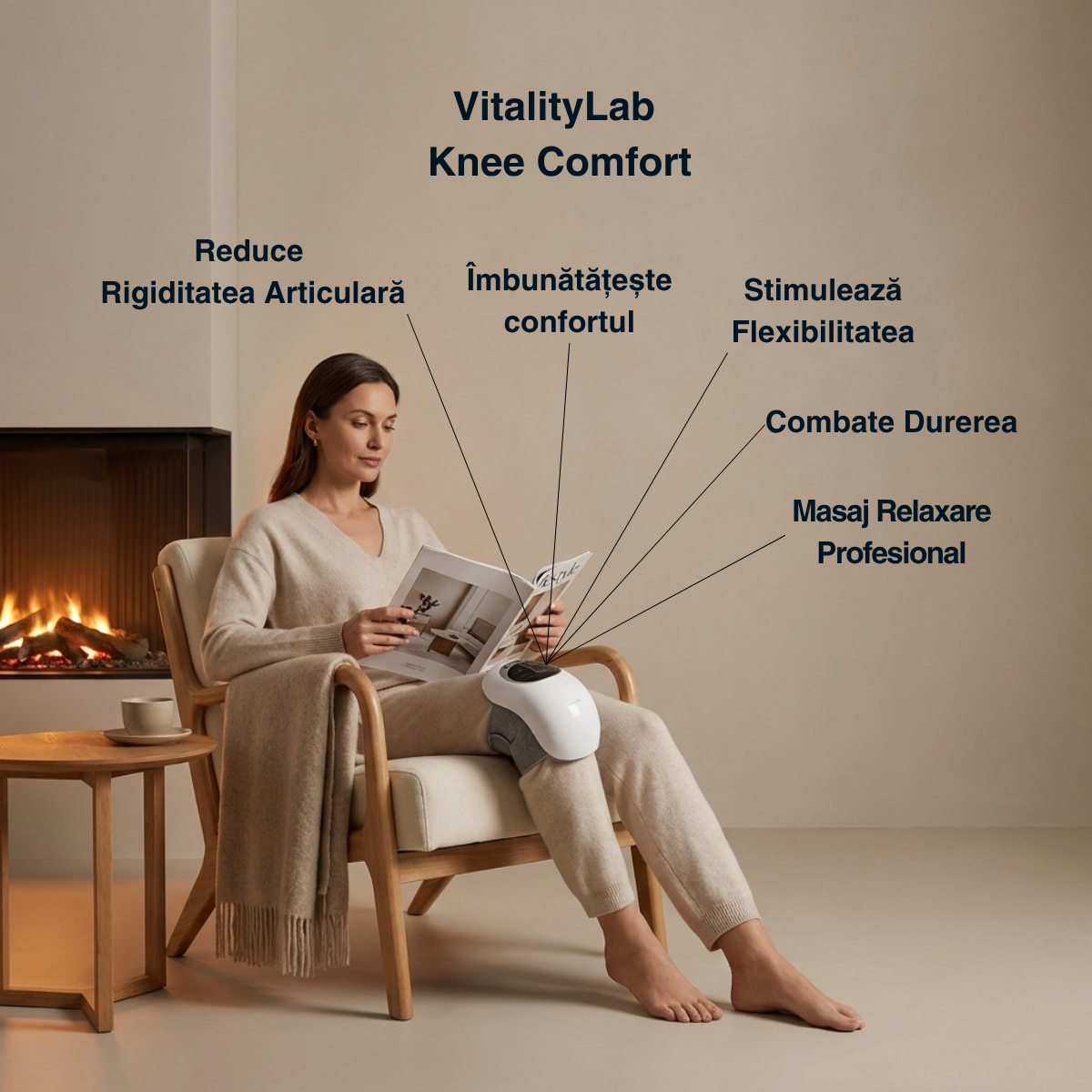 Aparat masaj genunchi Knee Comfort Vitality Lab, aparat de masaj pentru genunchi cu incalzire, vibratii si terapie cu lumina rosie, 3 moduri vibratii, 3 niveluri incalzire, baterie 2000 mAh, incarcare Type-C, masaj relaxare si confort articular