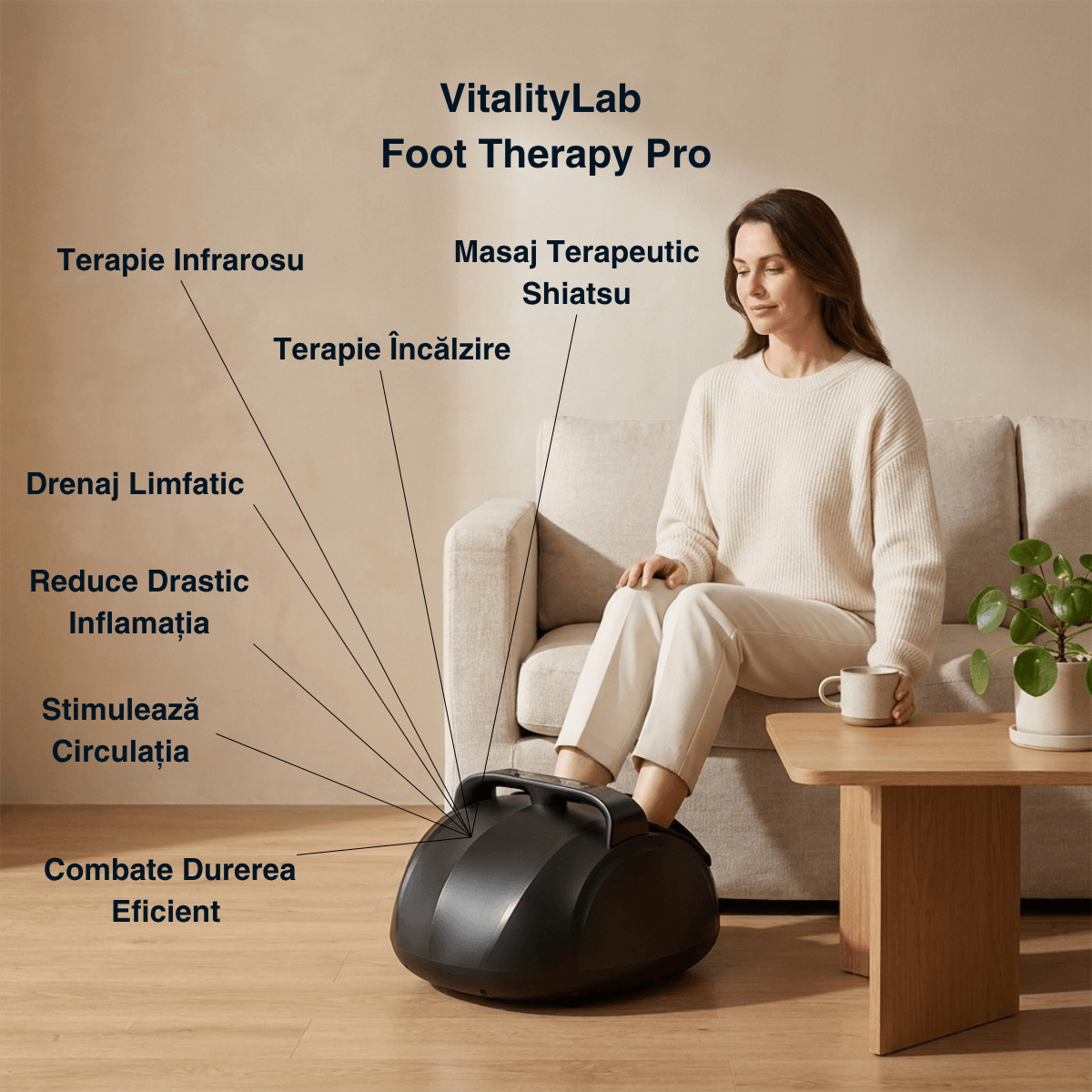 Aparat masaj picioare Foot Therapy Pro Vitality Lab, aparat premium masaj talpi si picioare, masaj perne aer 6D, masaj shiatsu, vibromasaj, incalzire 40-50°C, terapie infrarosu, 9 niveluri intensitate, 5 moduri masaj, display touchscreen si telecomanda