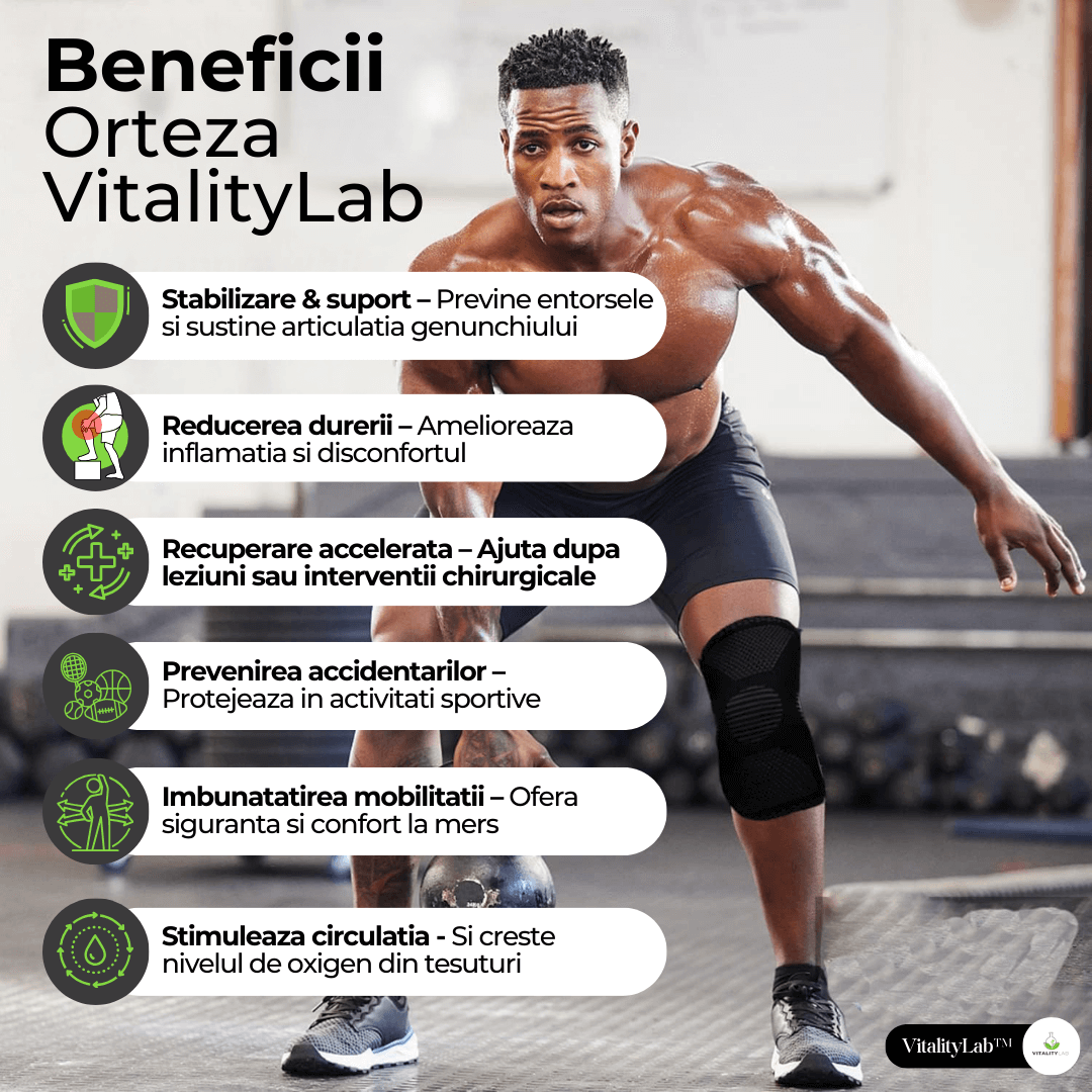Genunchieră VitalityLab, orteză genunchi elastică, prevenție tendinită, tratament luxație, ameliorare gonartroză, artroză, compresie genunchi, protecție menisc