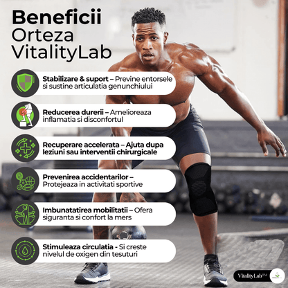 Genunchiera Vitality Lab™, orteza genunchi elastica, preventie tendinita, tratament luxatie, ameliorare gonartroza, artroza, compresie genunchi, protectie menisc