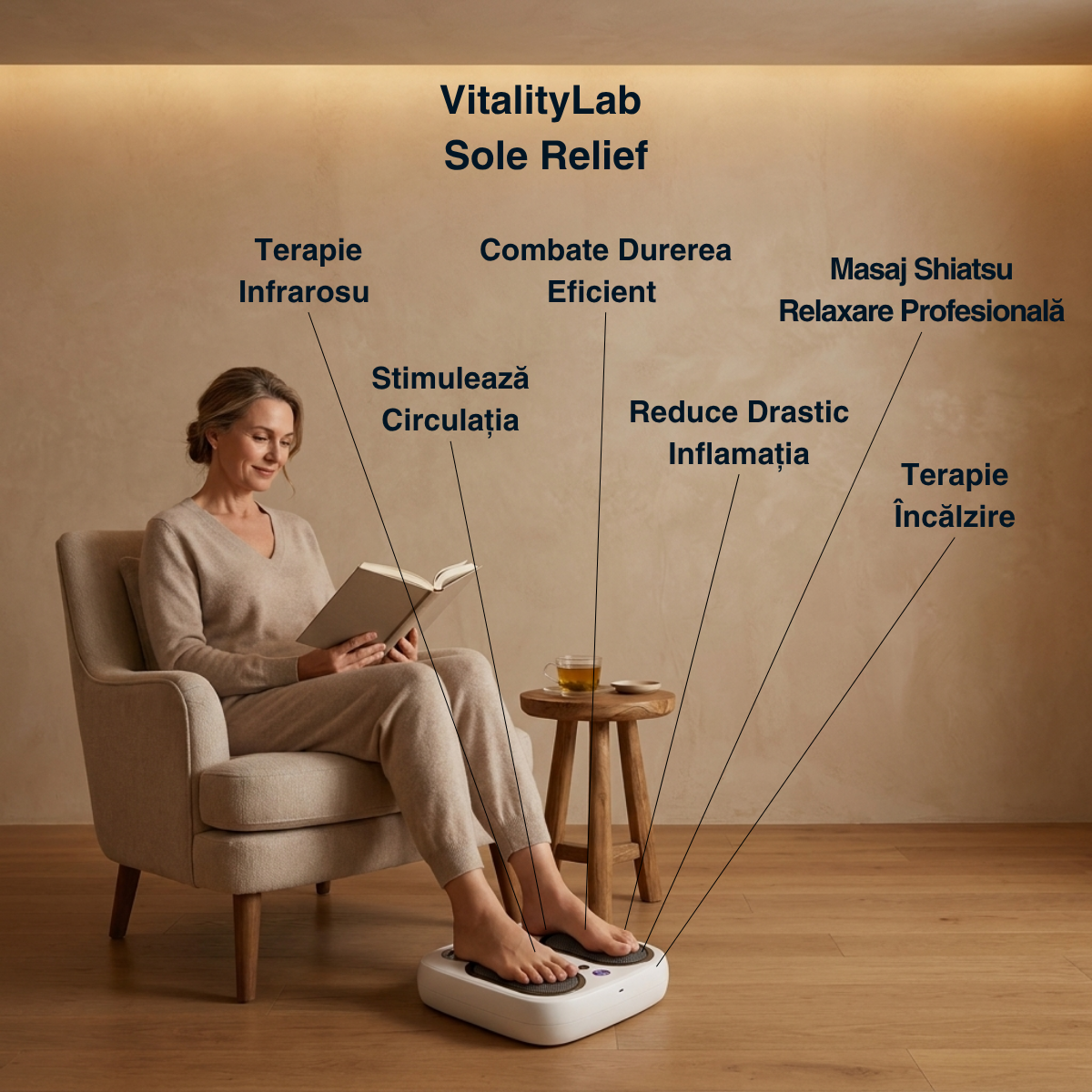 Aparat masaj talpi si gambe Sole Relief Vitality Lab, aparat masaj picioare cu masaj shiatsu, role masaj, framantare, incalzire si terapie infrarosu, 3 moduri masaj, 3 niveluri intensitate, baterie 2500 mAh, masaj relaxare talpi, gambe si picioare obosite