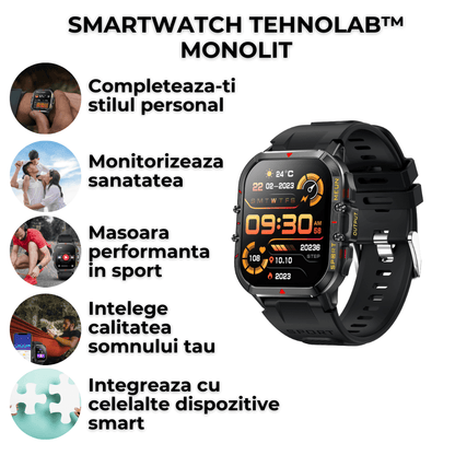 Ceas smartwatch TehnoLab™ Monolit, ceas inteligent fitness, monitorizare 120+ sporturi, monitorizare somn, nivel stres, termometru, pedometru, pulsometru, tensiometru, oximetru, apeluri Bluetooth, rezistent IP68, full touchscreen, autonomie 20 zile